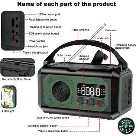 Emergency Radio, Hand Crank Radio, Portable Solar Radio AM/FM/NOAA Weather Radio with 2 Solar Panels (Green)