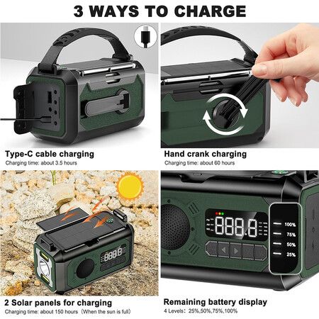 Emergency Radio, Hand Crank Radio, Portable Solar Radio AM/FM/NOAA Weather Radio with 2 Solar Panels (Green)