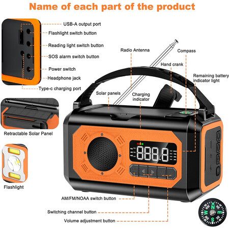 Emergency Radio, Hand Crank Radio, Portable Solar Radio AM/FM/NOAA Weather Radio with 2 Solar Panels (Orange)