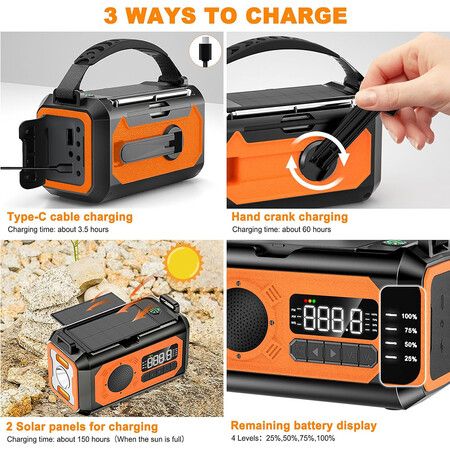 Emergency Radio, Hand Crank Radio, Portable Solar Radio AM/FM/NOAA Weather Radio with 2 Solar Panels (Orange)