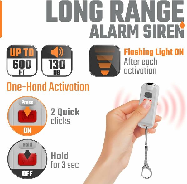 Personal Safety Siren Alarm Keychain for Women, USB Rechargeable Self Defense Sound Alert Device Key Chain (White)