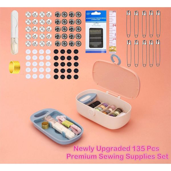 Sewing Project Kit,135 Pcs Premium Family Sewing Supplies Repair Kit Sewing Thread Accessories Traveler Sewing Kit DIY Sewing Supplies Organizer (Pink)