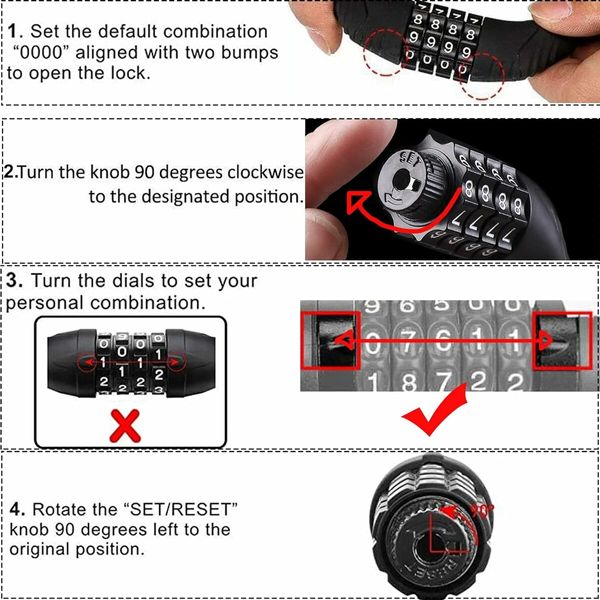 Bike Locks Cable, Anti Theft Bicycle Lock Chain, 4 Digit Security Resettable Bike Combination Lock (Black)