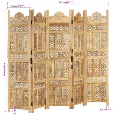 Hand Carved 5-Panel Room Divider 200x165 cm Solid Mango Wood