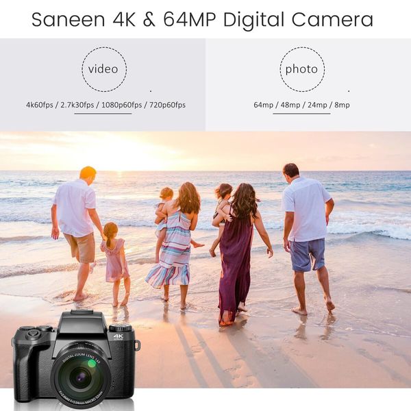 Digital Camera 4K for Photography and Video with 64MP WiFi Touch Screen Vlogging Camera Flash 32GB SD Card Lens Hood in Black