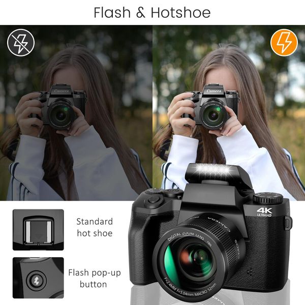 Digital Camera 4K for Photography and Video with 64MP WiFi Touch Screen Vlogging Camera Flash 32GB SD Card Lens Hood in Black