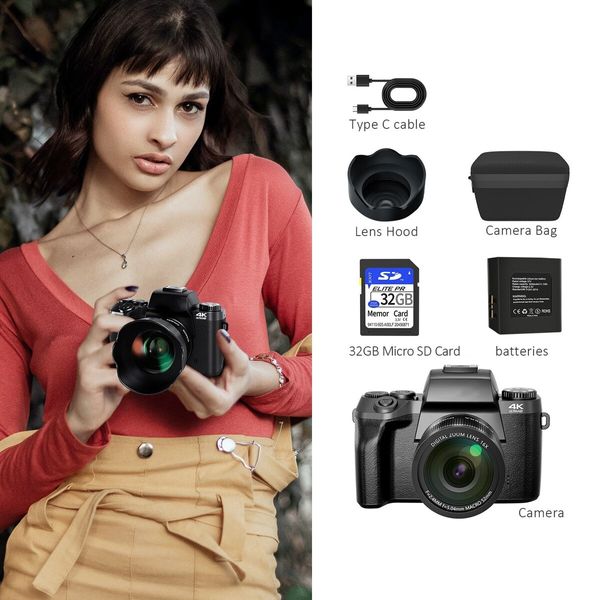 Digital Camera 4K for Photography and Video with 64MP WiFi Touch Screen Vlogging Camera Flash 32GB SD Card Lens Hood in Black