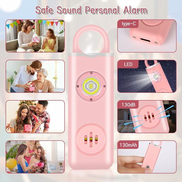 Personal Safety Alarm for Women, Teens, Elders and Kids 130dB Sound Alarm Keychain with LED Lights, Safety Alarm Keychain,Pink