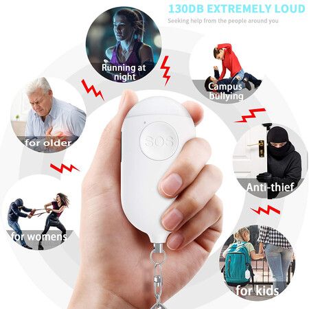 Personal Alarm Siren Song, 130dB Self Defense Alarm Keychain with Emergency LED Flashlight, Safety Personal Protection Devices for Women, Girls, Kids and Elders (White)