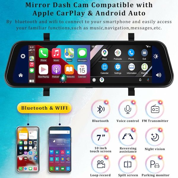 Mirror Dash Cam Compatible with Apple Carplay and Android Auto,9.66 inch Voice Control Rear View Mirror