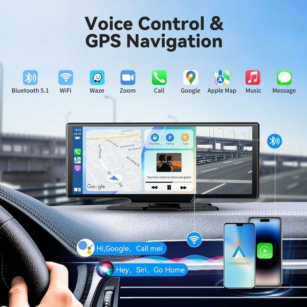 10.26 inch Wireless Portable Apple Carplay and Android Auto Screen with 2.5K Dash Cam, 1080P Backup Camera