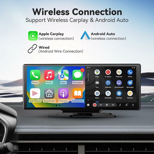 10.26 inch Wireless Portable Apple Carplay and Android Auto Screen with 2.5K Dash Cam, 1080P Backup Camera