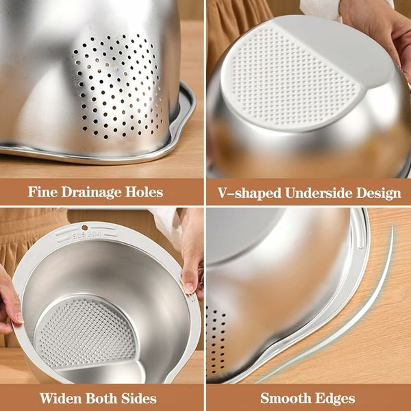 Rice Washer Strainer Bowl, 4 in 1 Washing Bowl for Quinoa, Stainless Steel Rinse