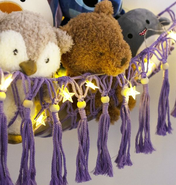 Stuffed Animal Toy Storage Hammock with LED Light - Macrame Jumbo Doll Room Corner Organizer Mesh Decorations - Hanging Storage Nets Kids Bedroom (Purple)