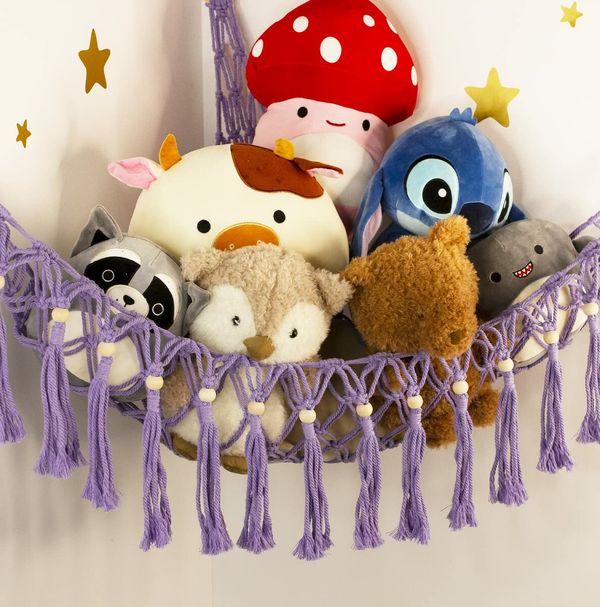 Stuffed Animal Toy Storage Hammock with LED Light - Macrame Jumbo Doll Room Corner Organizer Mesh Decorations - Hanging Storage Nets Kids Bedroom (Purple)