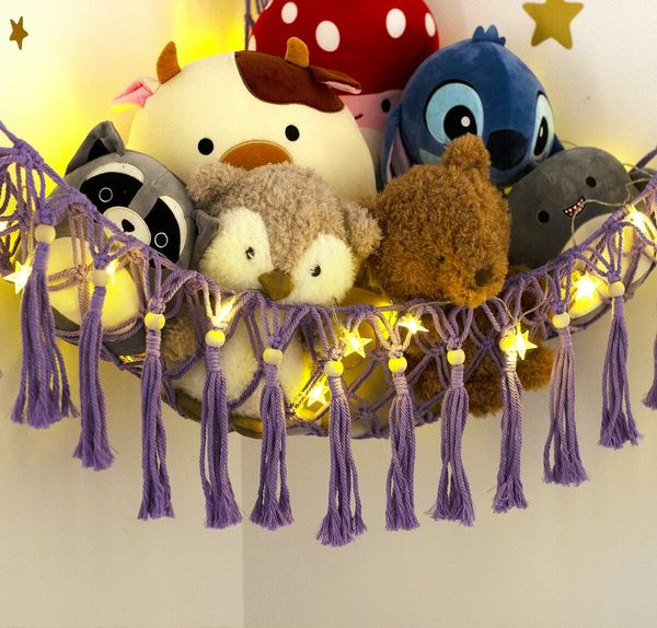 Stuffed Animal Toy Storage Hammock with LED Light - Macrame Jumbo Doll Room Corner Organizer Mesh Decorations - Hanging Storage Nets Kids Bedroom (Purple)