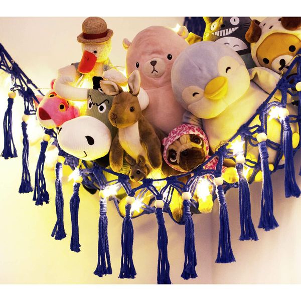 Stuffed Animal Toy Storage Hammock with LED Light - Macrame Jumbo Doll Room Corner Organizer Mesh Decorations - Hanging Storage Nets Kids Bedroom (Blue)