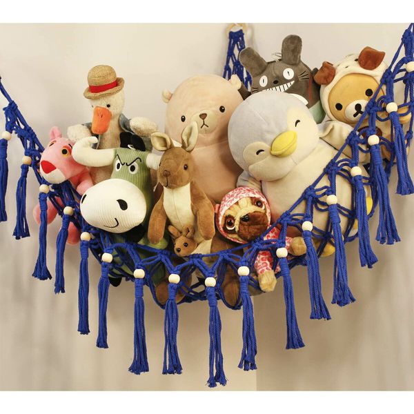 Stuffed Animal Toy Storage Hammock with LED Light - Macrame Jumbo Doll Room Corner Organizer Mesh Decorations - Hanging Storage Nets Kids Bedroom (Blue)