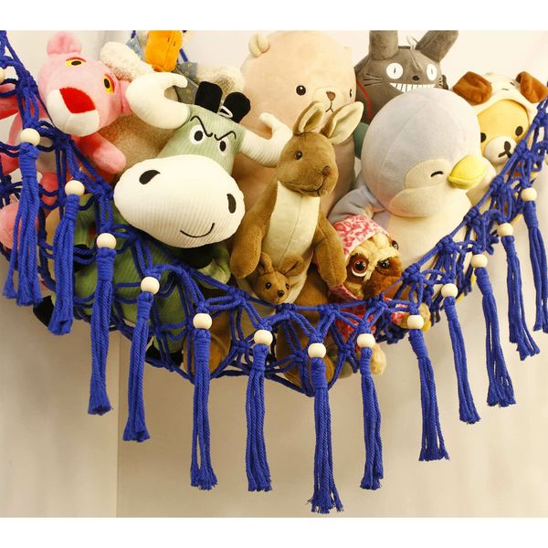 Stuffed Animal Toy Storage Hammock with LED Light - Macrame Jumbo Doll Room Corner Organizer Mesh Decorations - Hanging Storage Nets Kids Bedroom (Blue)