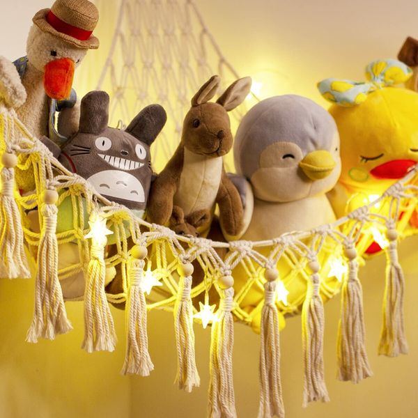 Stuffed Animal Toy Storage Hammock with LED Light - Macrame Jumbo Doll Room Corner Organizer Mesh Decorations - Hanging Storage Nets Kids Bedroom (Beige)