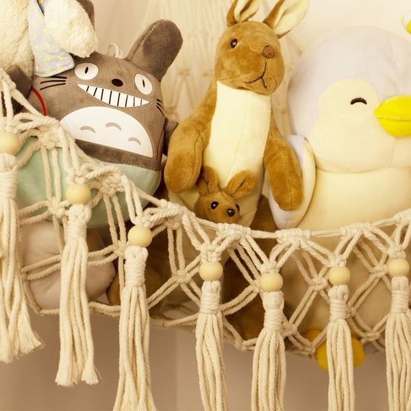 Stuffed Animal Toy Storage Hammock with LED Light - Macrame Jumbo Doll Room Corner Organizer Mesh Decorations - Hanging Storage Nets Kids Bedroom (Beige)