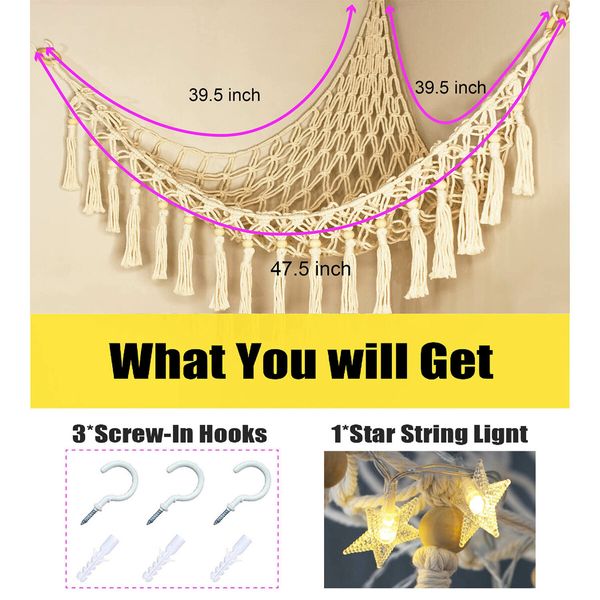 Stuffed Animal Toy Storage Hammock with LED Light - Macrame Jumbo Doll Room Corner Organizer Mesh Decorations - Hanging Storage Nets Kids Bedroom (Beige)