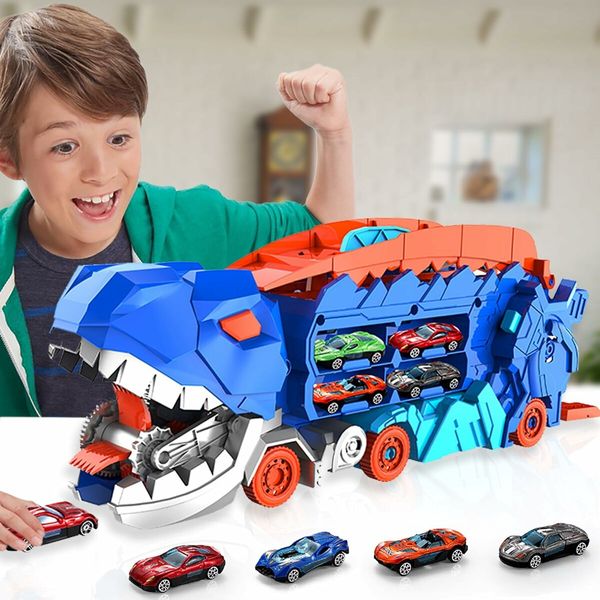 Track Car Toy, Transforms into Stomping Dragon with Ultimate Transporter Hauler Race Track, Toys for 4, 5, 6 Year Old Boys (Random 8 Cars)