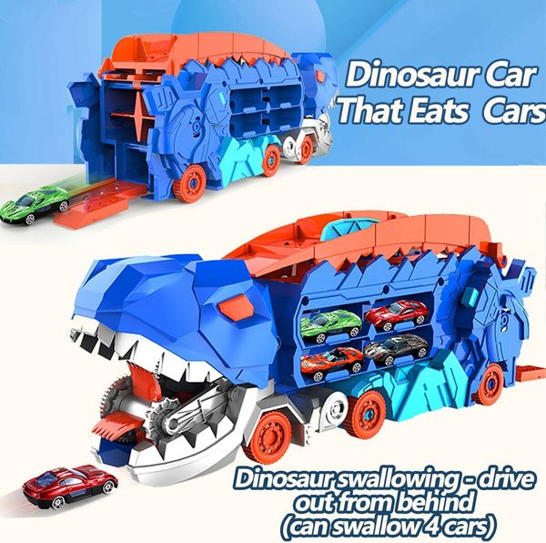 Track Car Toy, Transforms into Stomping Dragon with Ultimate Transporter Hauler Race Track, Toys for 4, 5, 6 Year Old Boys (Random 8 Cars)