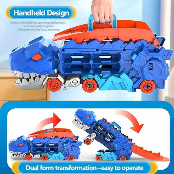 Track Car Toy, Transforms into Stomping Dragon with Ultimate Transporter Hauler Race Track, Toys for 4, 5, 6 Year Old Boys (Random 8 Cars)