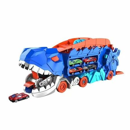 Track Car Toy, Transforms into Stomping Dragon with Ultimate Transporter Hauler Race Track, Toys for 4, 5, 6 Year Old Boys (Random 8 Cars)