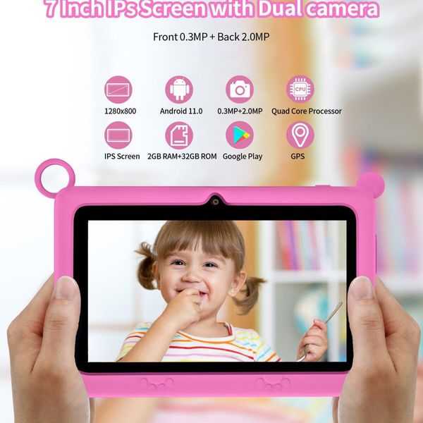 Kids Android Learning 7 inch Tablets with WiFi,32GB ROM,2GB RAM,Bluetooth,Dual Camera,Parental Control,Pre-Installed APPs-Pink