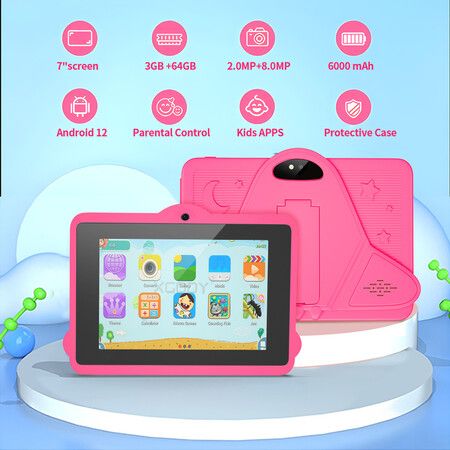 7 inch Kids Android Tablet,64GB ROM,3GB RAM, Bluetooth,Camera, Parental Control,Pre-Installed APPs,Games, Learning Educational Toddler Tablet(Pink)