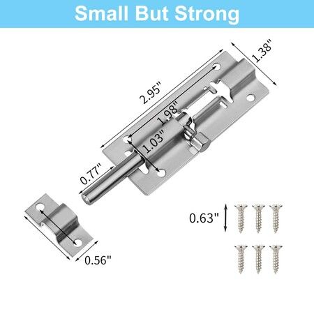 2 Pack Barrel Bolt Latch,Slide Bolt Latch 3 Inches Slide Latch Lock,Thickened Stainless Steel Sliding Lock for Door,Brushed Finish Sliding Bolt Lock,Sliding Bolt Latch with 12PCS Screws