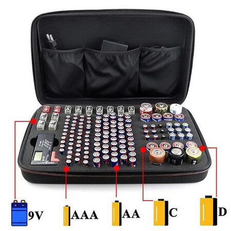 Battery Organizer Storage Case Holder, Batteries Variety Pack Bag, Holds 146 AA, AAA, C, D, 9V, Lithium 3V Button Batteries