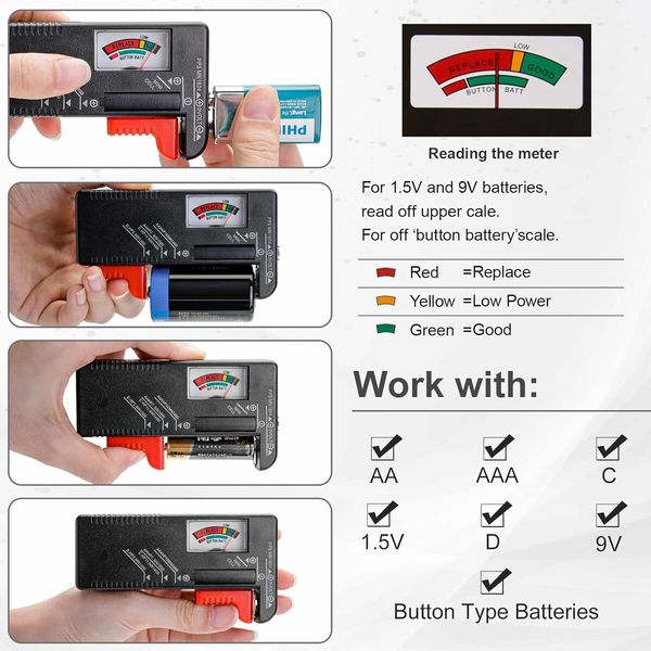 Battery Organizer Storage Case with Removable Battery Tester Holds 110 Batteries for AAA, AA, 9V, C, D and Button Battery 36 x 17 x 4.5 cm