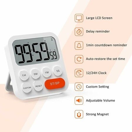 Kitchen Timer for Cooking, Magnetic Timer Clock with Large LCD Display, 3 Level Volume, Shortcut Setting, Digital Timer for Kids and Classroom Teachers