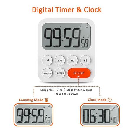 Kitchen Timer for Cooking, Magnetic Timer Clock with Large LCD Display, 3 Level Volume, Shortcut Setting, Digital Timer for Kids and Classroom Teachers