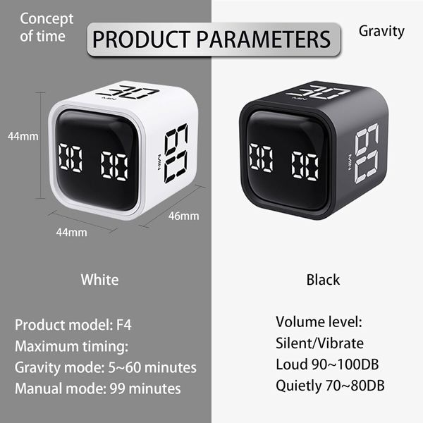 Cube Timer, Rotation Timer, 5/10/30/60 Minutes and Custom Countdown, Productivity Timer, Pause and Resume, Silent, Vibration and Alarm,White