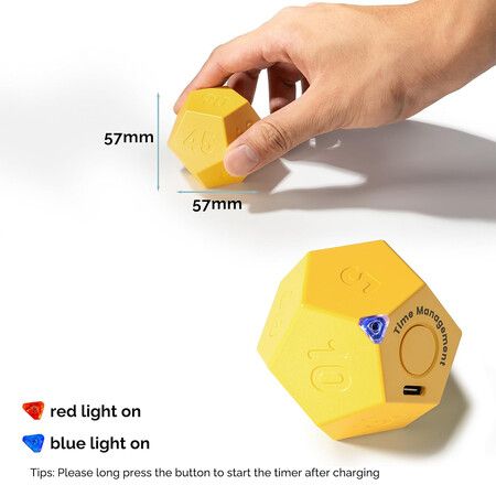 Rotating Timer for Desktop, 11 Preset Rechargeable Dodecagon Timer, Sound Vibration, Mute, Spin Timer, Kitchen,Yellow