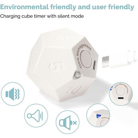 Rotating Timer for Desktop, 11 Preset Rechargeable Dodecagon Timer, Sound Vibration, Mute, Spin Timer, Kitchen,White