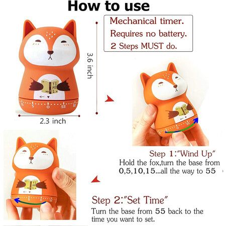 Mechanical Kitchen Timer, Cute Animal Timer for Kids, 60 Minutes Manual Countdown Timer for Classroom, Home, Study and Kitchen (Orange Fox)