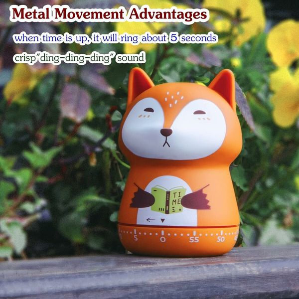 Mechanical Kitchen Timer, Cute Animal Timer for Kids, 60 Minutes Manual Countdown Timer for Classroom, Home, Study and Kitchen (Orange Fox)