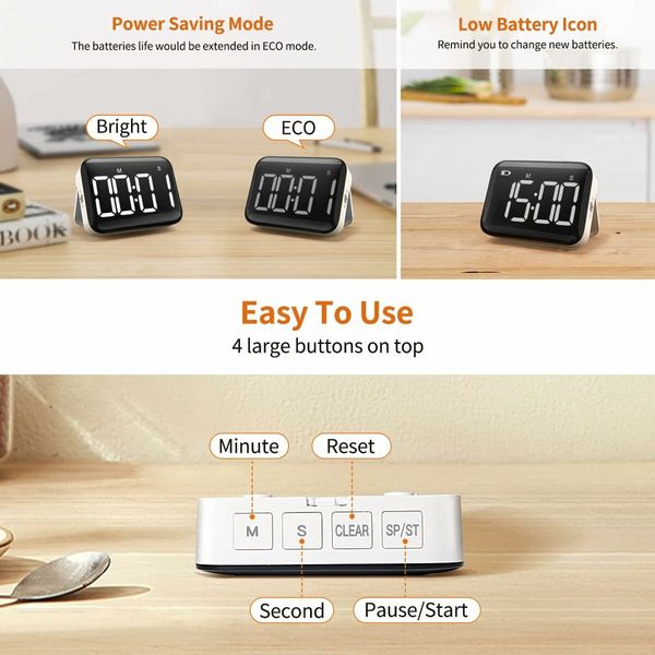 Magnetic Kitchen Cooking Countdown Timer, Battery Powered Digital Timer with Large Display, 2 Levels of Brightness and Volume for Classroom, Teacher, Kids