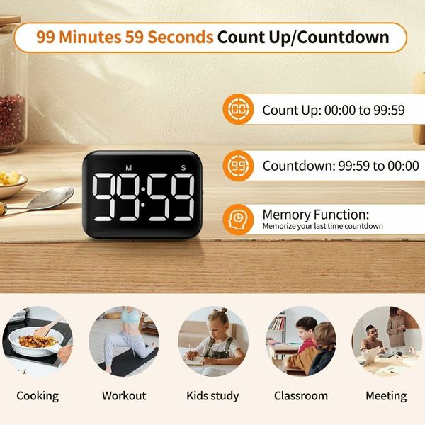 Magnetic Kitchen Cooking Countdown Timer, Battery Powered Digital Timer with Large Display, 2 Levels of Brightness and Volume for Classroom, Teacher, Kids