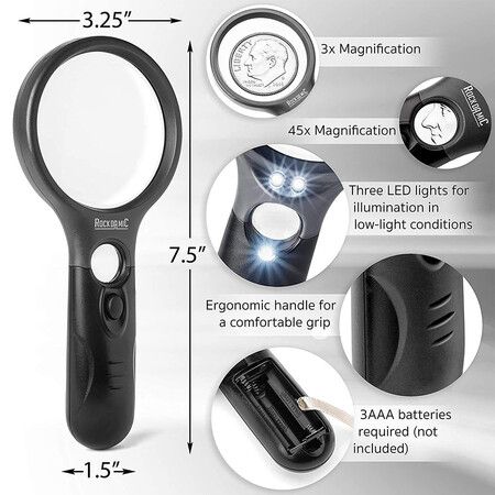 Professional Magnifying Glass with Light (3X / 45x) Large Lighted Handheld Glass Magnifier Lupa for Reading, Jewelry, Coins, Stamps, Fine Print