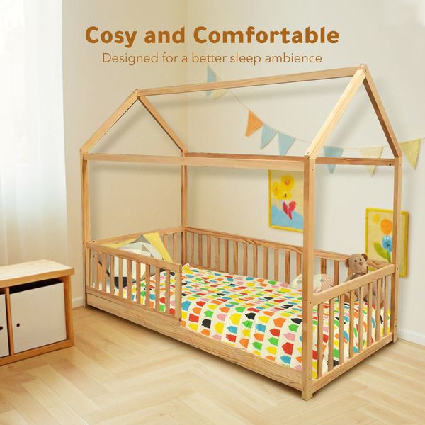 Childrens Bed Frame Single Size House Shape Floor Wooden Mattress Base Platform Foundation Bedroom Furniture with Guard Rail