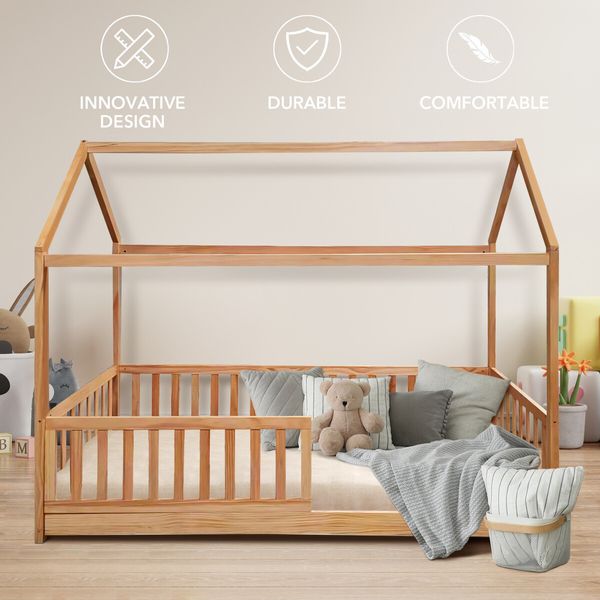 Childrens Bed Frame Single Size House Shape Floor Wooden Mattress Base Platform Foundation Bedroom Furniture with Guard Rail