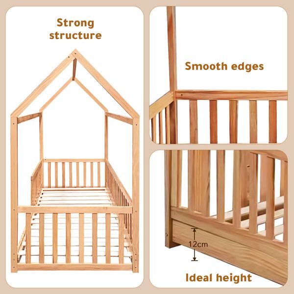 Childrens Bed Frame Single Size House Shape Floor Wooden Mattress Base Platform Foundation Bedroom Furniture with Guard Rail