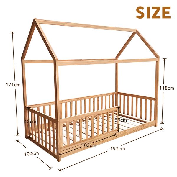 Childrens Bed Frame Single Size House Shape Floor Wooden Mattress Base Platform Foundation Bedroom Furniture with Guard Rail