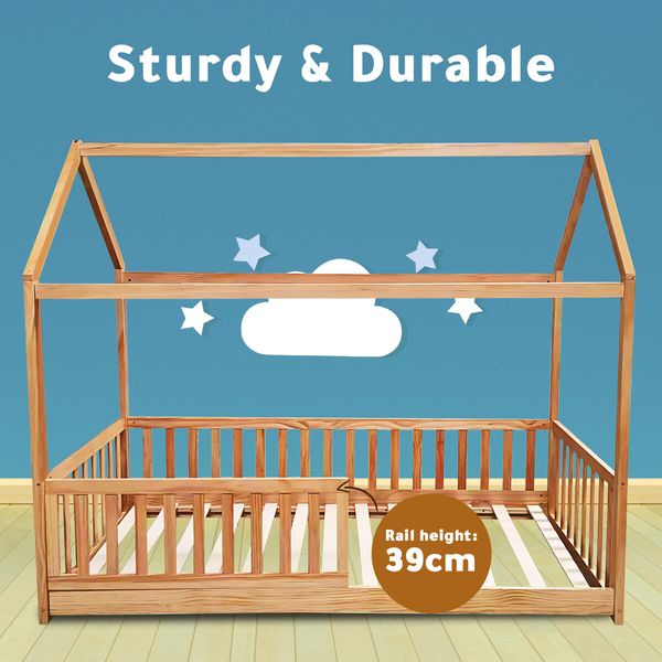 Childrens Bed Frame Single Size House Shape Floor Wooden Mattress Base Platform Foundation Bedroom Furniture with Guard Rail